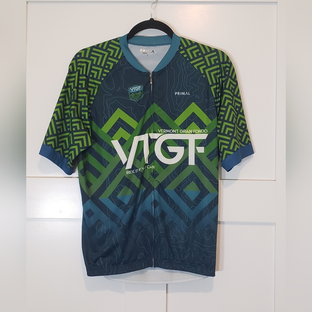 Primal Cycling Race Cut Jersey Full Zip Up Vermont Gran Fondo Green Blue Large